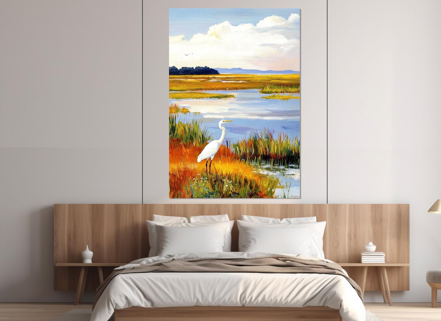 White Heron Canvas Print – Rustic Landscape Poster | Framed Cotton Canvas Art