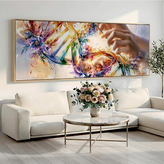 a large, colorful painting of a flower arrangement hanging on a wall above a white sofa and a round coffee table with a vase of flowers.