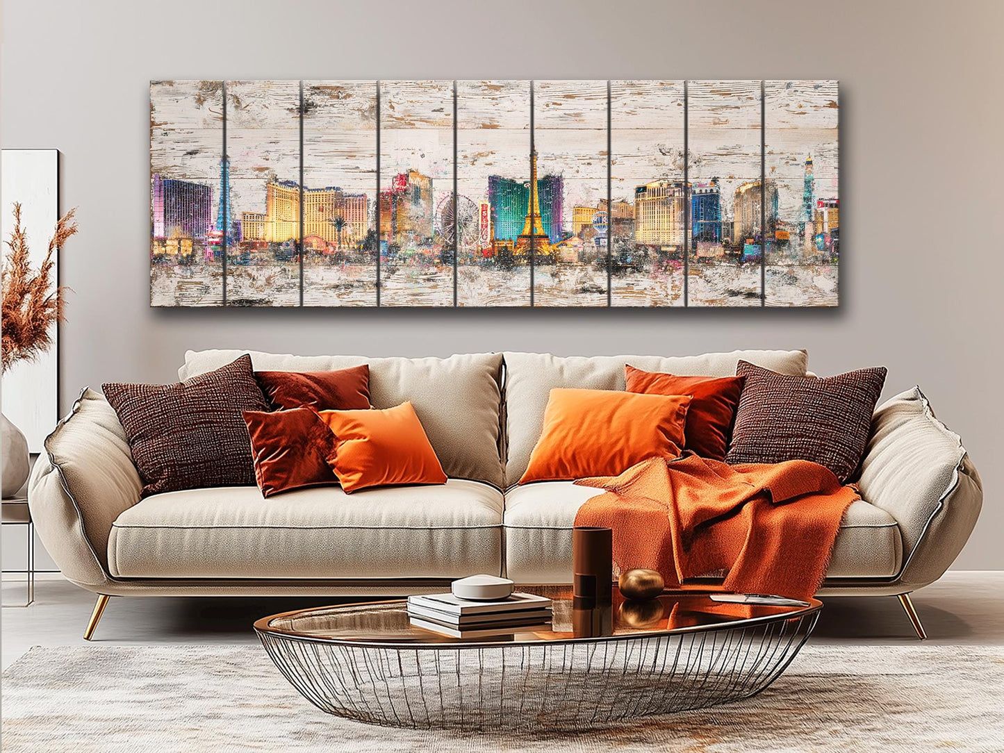 Rustic Las Vegas Painting – Panoramic Wood Wall Art with Neon Lights Print
