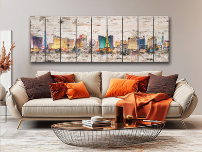 Rustic Las Vegas Painting – Panoramic Wood Wall Art with Neon Lights Print