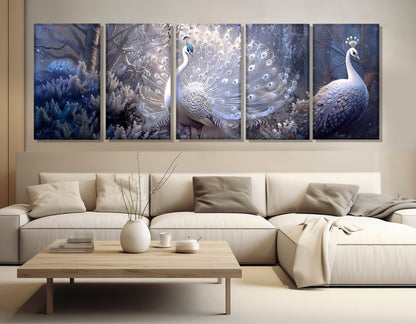 Peacocks Canvas Print – White Silver Fantasy Painting | Framed Gallery Wrapped Art