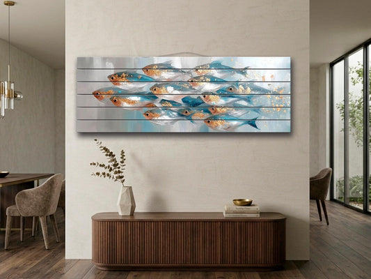 School of Fish Print on Wood, Marine Abstract Painting, Coastal Wall Art