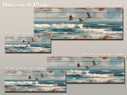 Pelicans Print Wood - Coastal Wall Art With Ocean Waves Painting & Sky Reflection