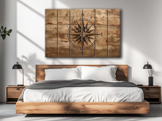 Rustic Compass Print – Nautical Wall Art on Natural Wood | UV Printed Wood Art