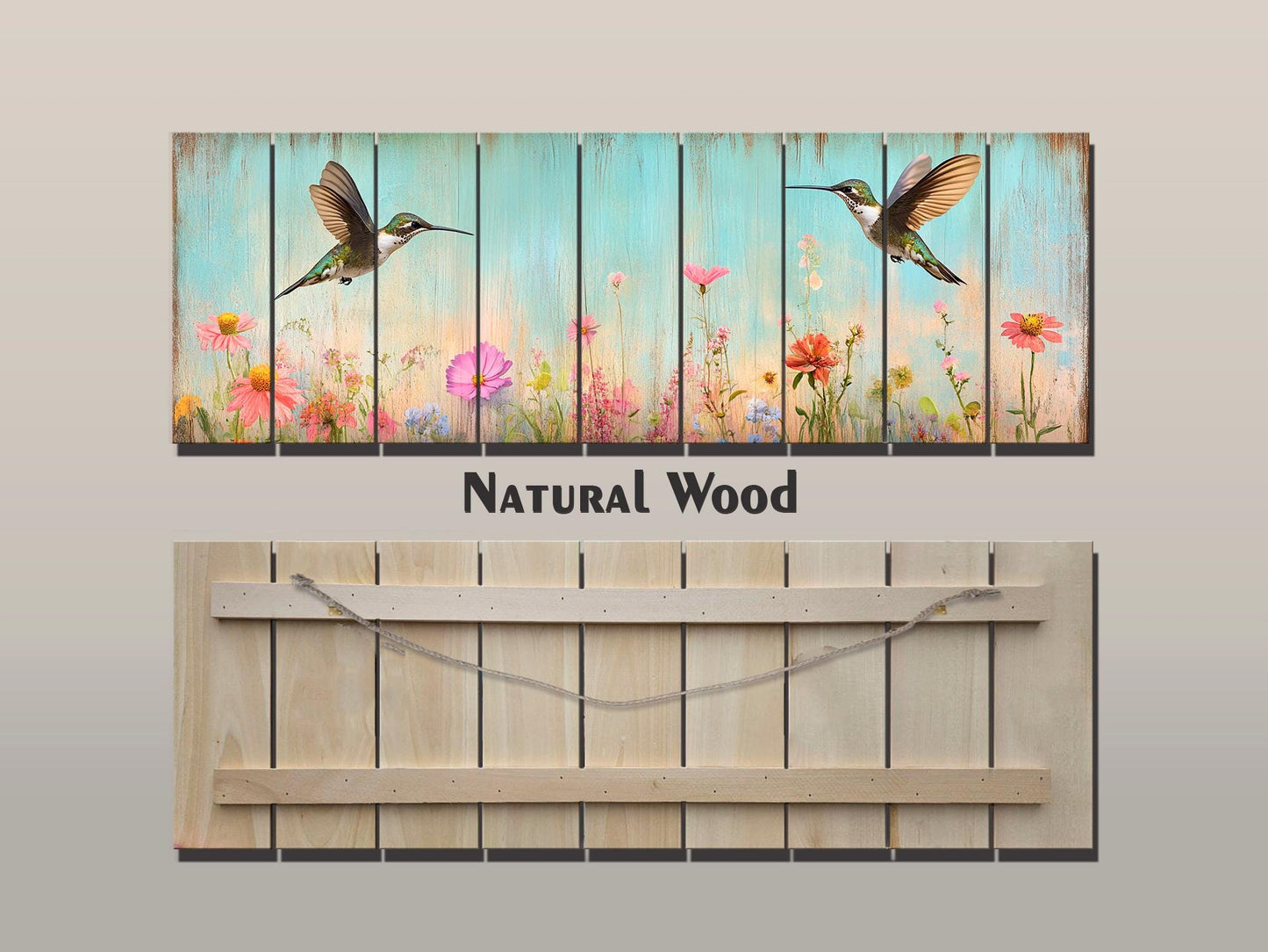 Rustic Wood Wall Art - Hummingbirds Around Wildflowers Print on Natural Wood, Birds Wall Art, Hummingbirds Print, Rustic Landscape Print