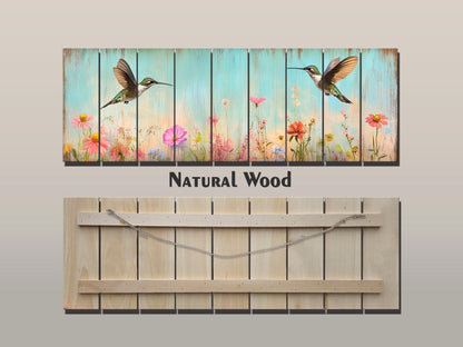 Rustic Wood Wall Art - Hummingbirds Around Wildflowers Print on Natural Wood, Birds Wall Art, Hummingbirds Print, Rustic Landscape Print