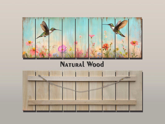 Rustic Wood Wall Art - Hummingbirds Around Wildflowers Print on Natural Wood, Birds Wall Art, Hummingbirds Print, Rustic Landscape Print