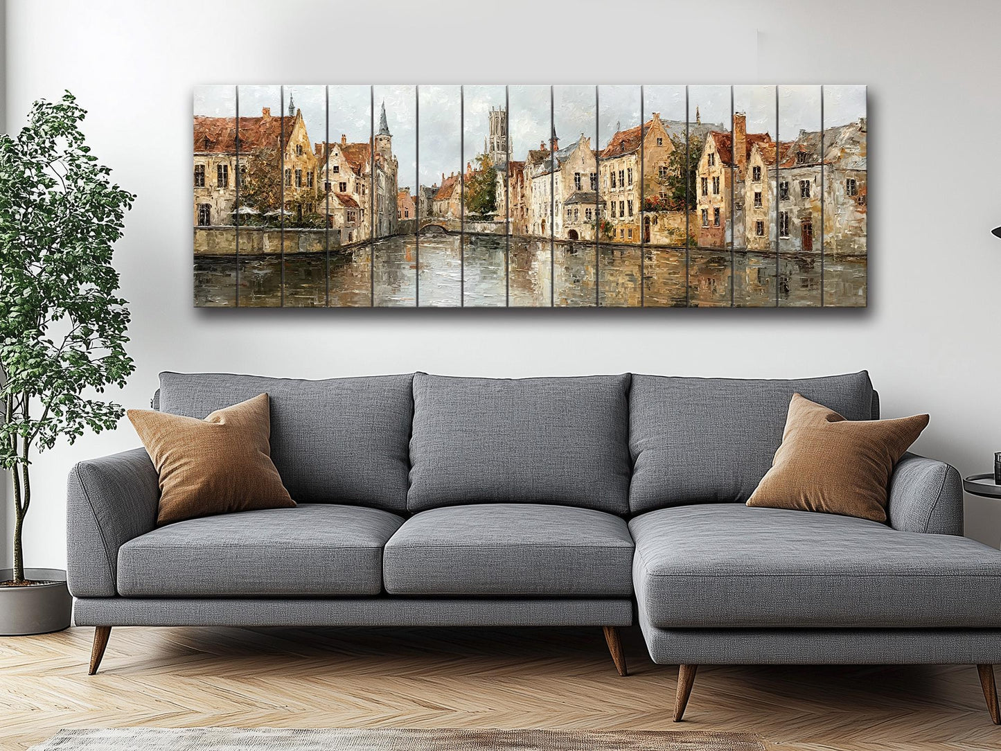 Bruges Canal Wood Print – Rustic Wall Art With Medieval Houses Painting & Beige Light