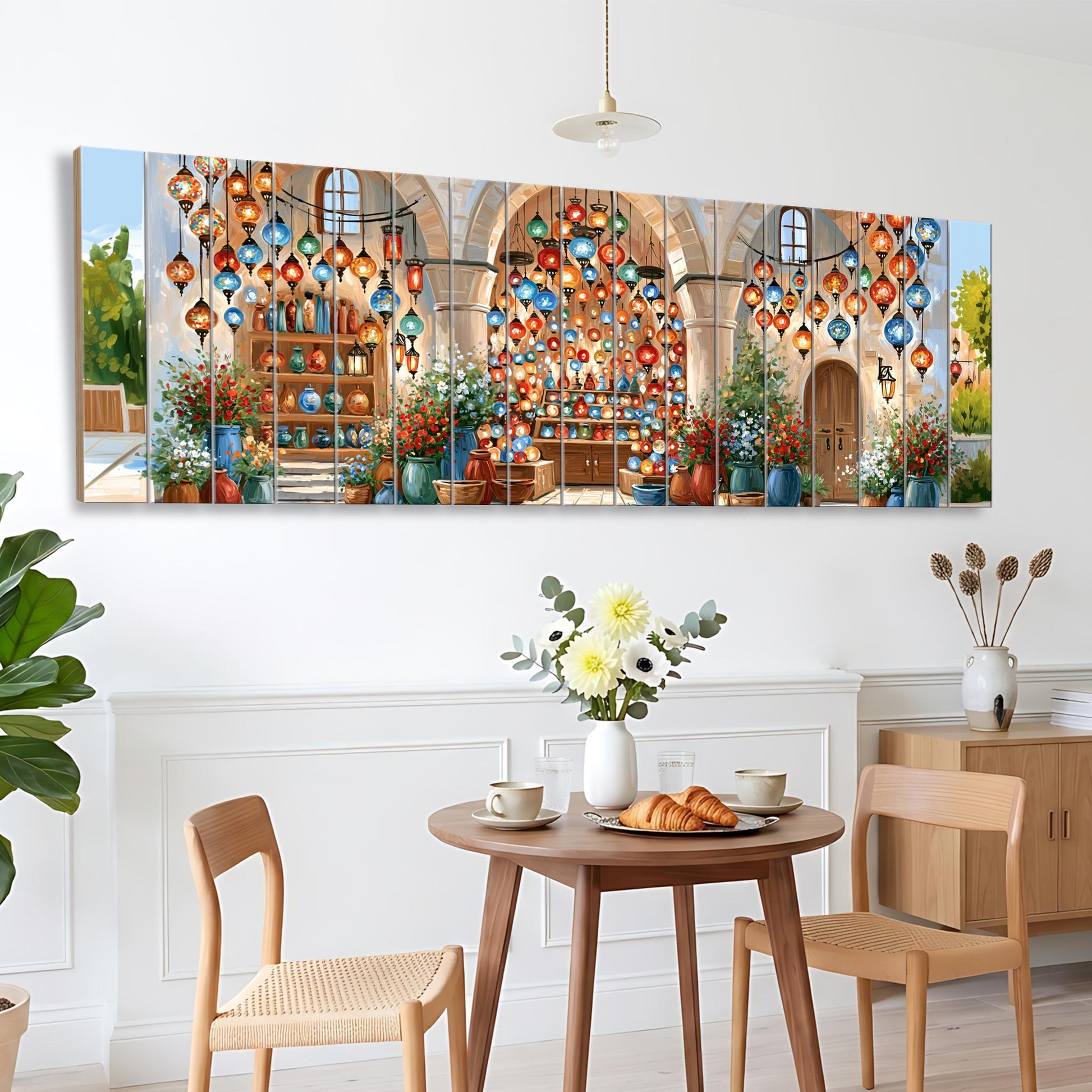 a dining area with a table and chairs, a vase of flowers, and a large painting of a colorful, ornate room with hanging lanterns.