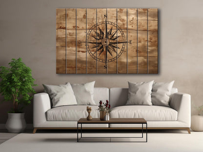 Rustic Compass Print – Nautical Wall Art on Natural Wood | UV Printed Wood Art