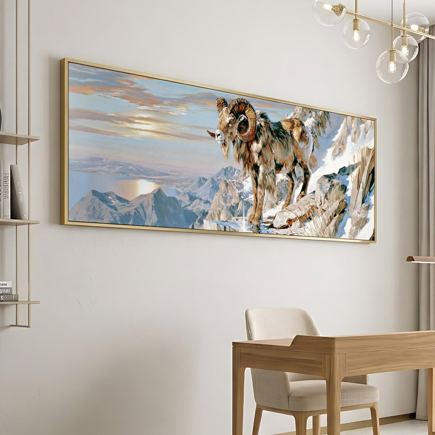 a large painting of a mountain goat standing on a rocky cliff, with a breathtaking view of the surrounding landscape.