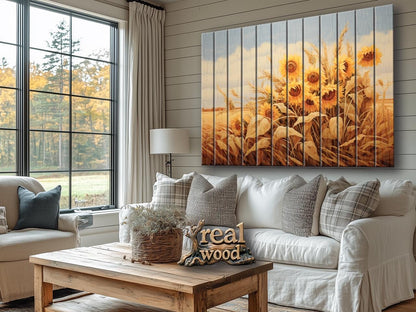 Rustic Print on Wood Wall Art – Sunflower Wall Decor on Smooth Linden Wood Planks