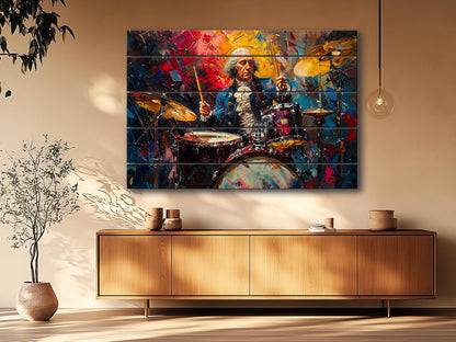 George Washington Playing Drums Abstract Painting Printed on Wood, Politician Gift, Drums Wall Art, Drummer Gift, Wood Print, Wood Wall Art