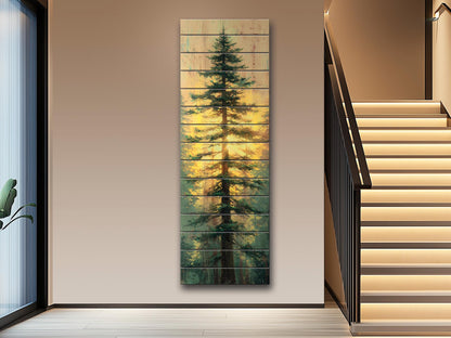 Tall Pine Tree with Golden Sunlight Print on Natural Wood, Cabin Wall Decor, Cozy Lodge Decor, Vertical Pine Tree Painting, Wood Wall Art