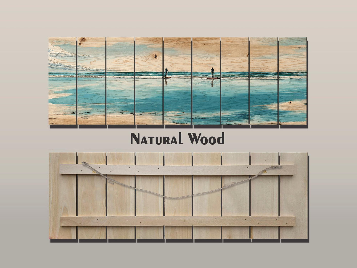 Paddleboarding Wall Art – Nautical Coastal Print on Natural Wood | Rustic Beach House Decor