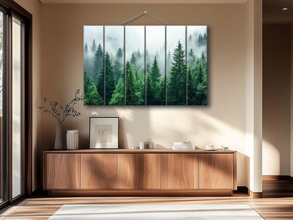 Rustic Wood Wall Art - Pine Forest Print on Natural Wood Planks | Misty Foggy Decor
