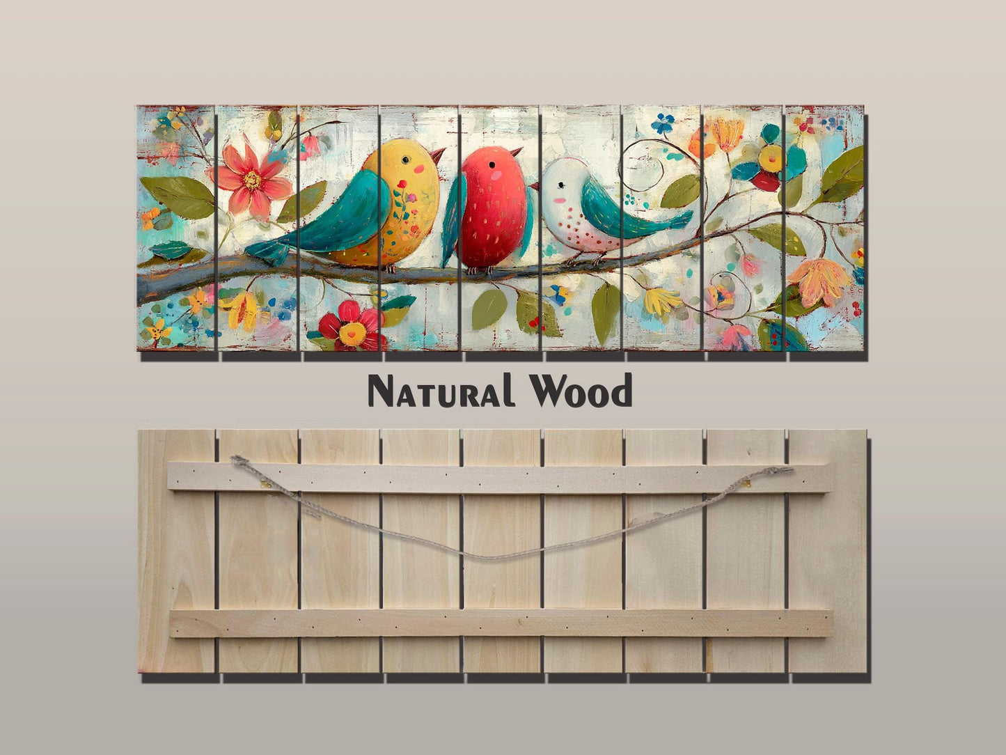 Wood Wall Art - Trio of Birds Print on Natural Wood Plank | Rustic Folk Art Decor