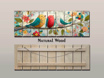 Wood Wall Art - Trio of Birds Print on Natural Wood Plank | Rustic Folk Art Decor