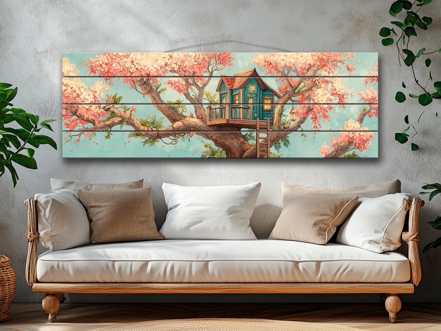 Wood Wall Art – Whimsical Treehouse Painting on Natural Wood Print | Rustic Cabin Decor