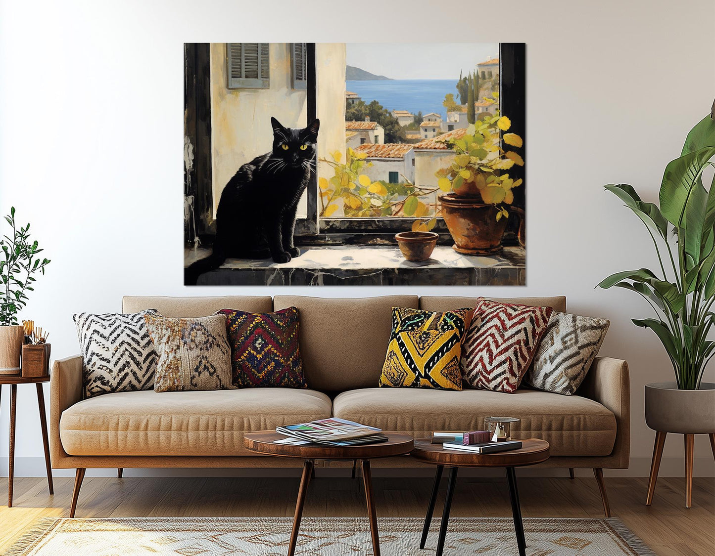 Mediterranean Canvas Print – Black Cat Window View | Italian Cat Painting, Framed Art
