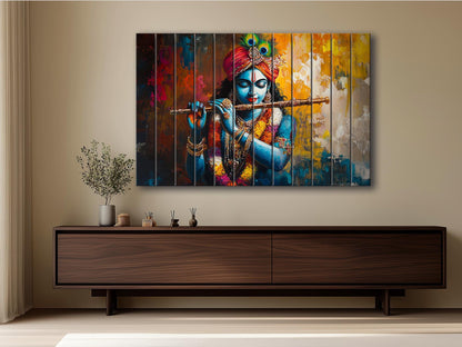 Lord Krishna with Flute Print on Natural Wood, Indian Hindu God Painting, Rustic Indian Wall Art, Lord Krishna Painting, Wood in Interior