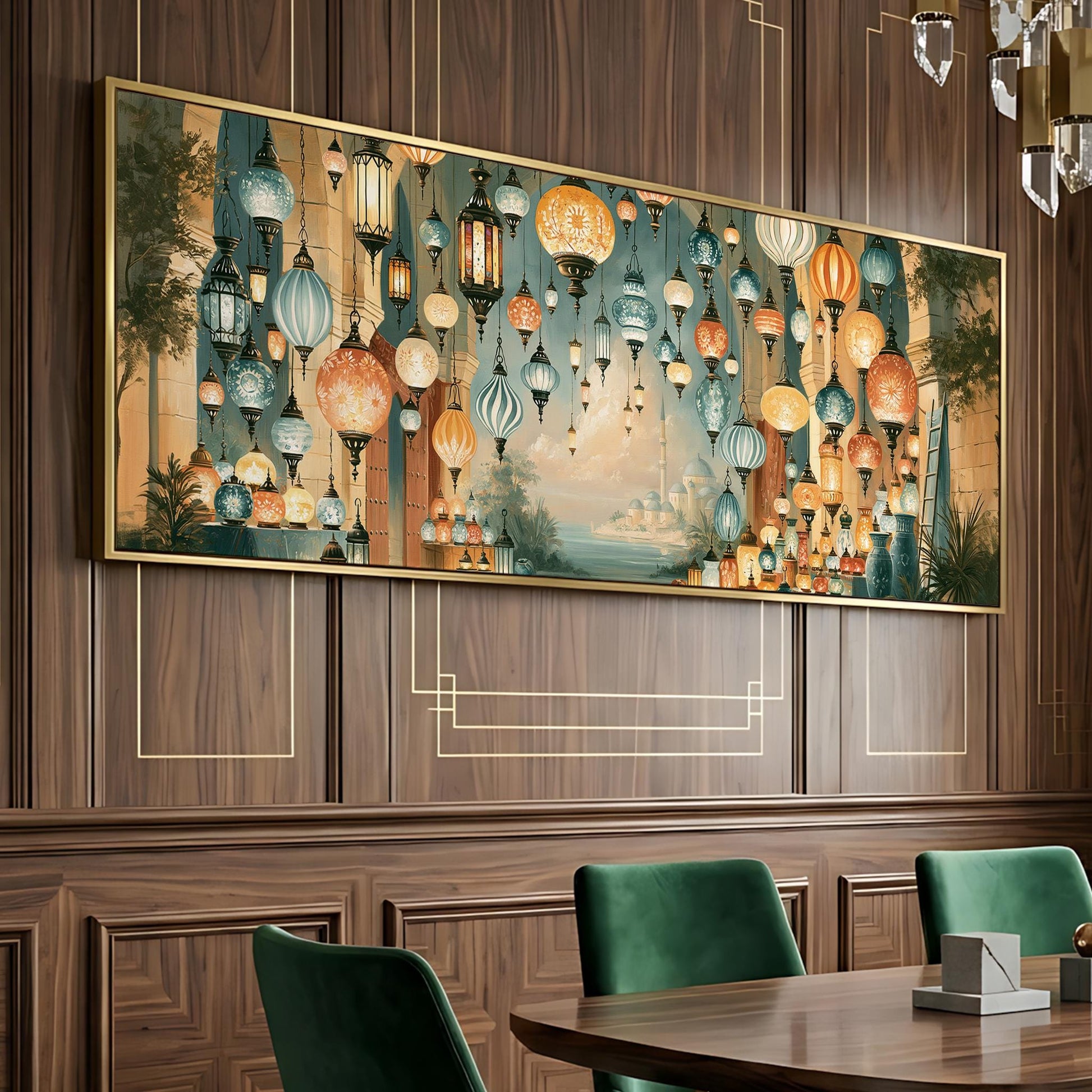 a large, ornate painting of hanging lanterns on a wooden wall, creating a warm and inviting atmosphere.