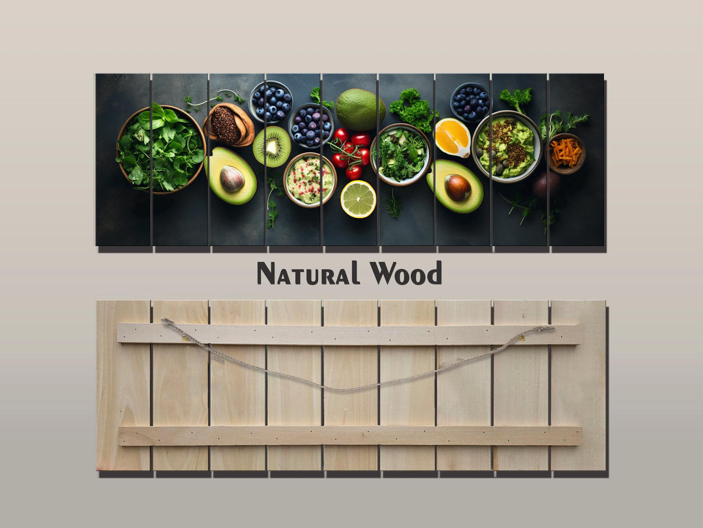 Healthy Food Wall Art – Large Natural Wood Painting | Modern Kitchen Decor