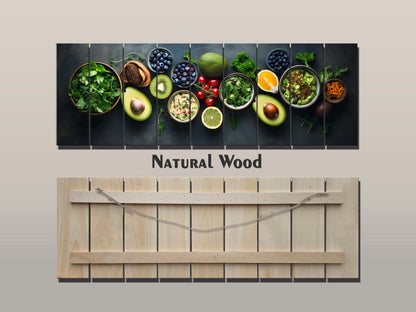 Healthy Food Wall Art – Large Natural Wood Painting | Modern Kitchen Decor