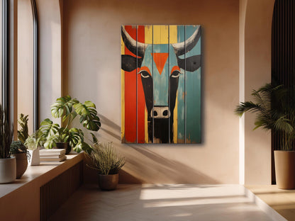 Cow Wall Decor - Abstract Cow Painting on Natural Wood Print | Egyptian Style Decor