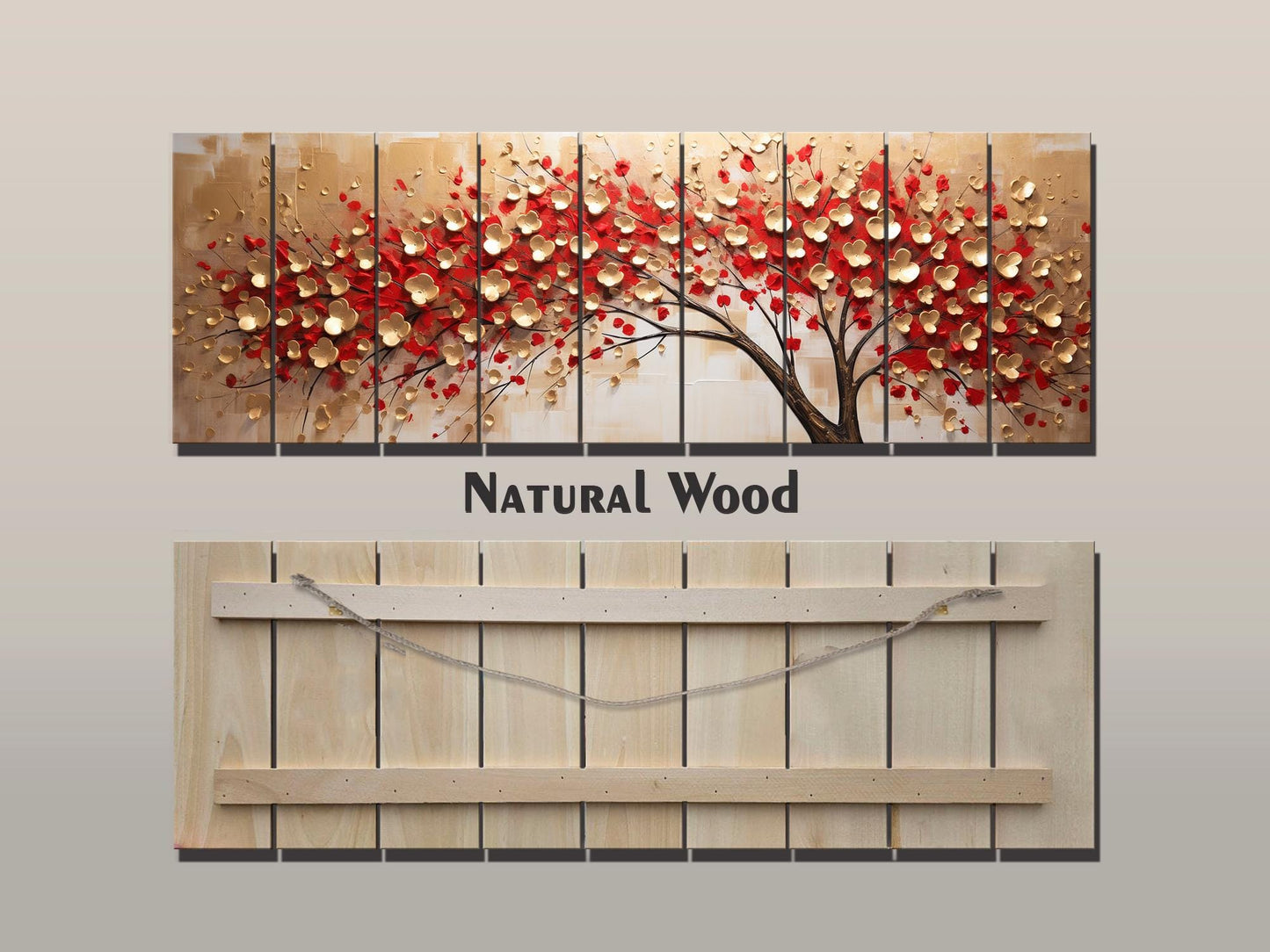 Red Gold Wood Print – Abstract Tree Wall Art On Natural Wood Panels
