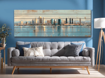 San Diego Skyline Wood Print – Rustic Wood Art | Beige Blue Wall Art, Harbor Oil Painting