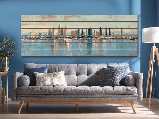 San Diego Skyline Wood Print – Rustic Wood Art | Beige Blue Wall Art, Harbor Oil Painting