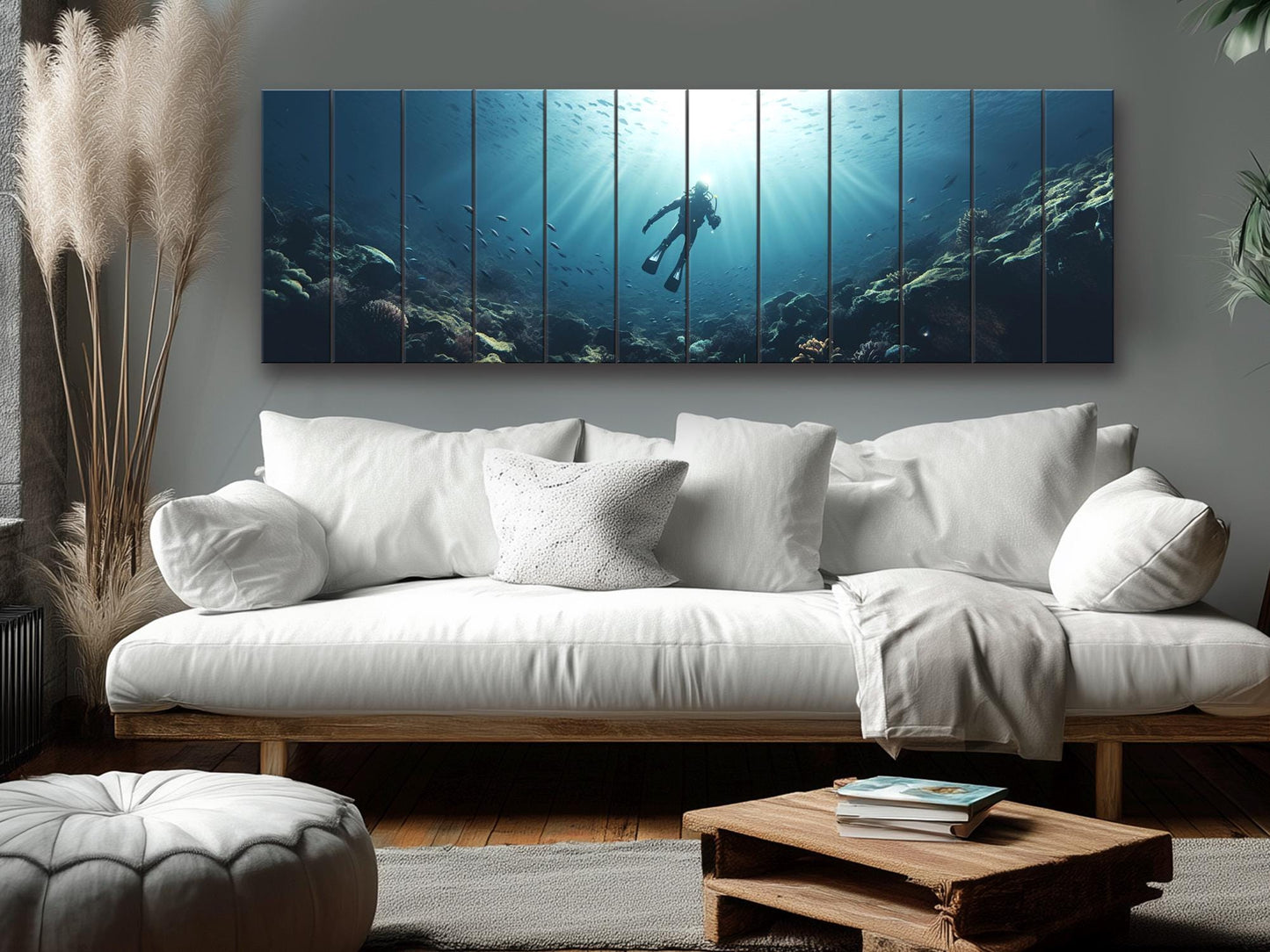 Ocean Wall Art – Natural Wood Print | Diving Art Print on Rustic Wood Planks