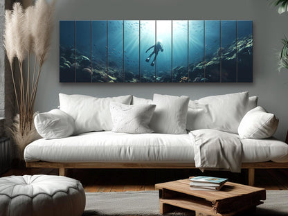 Ocean Wall Art – Natural Wood Print | Diving Art Print on Rustic Wood Planks