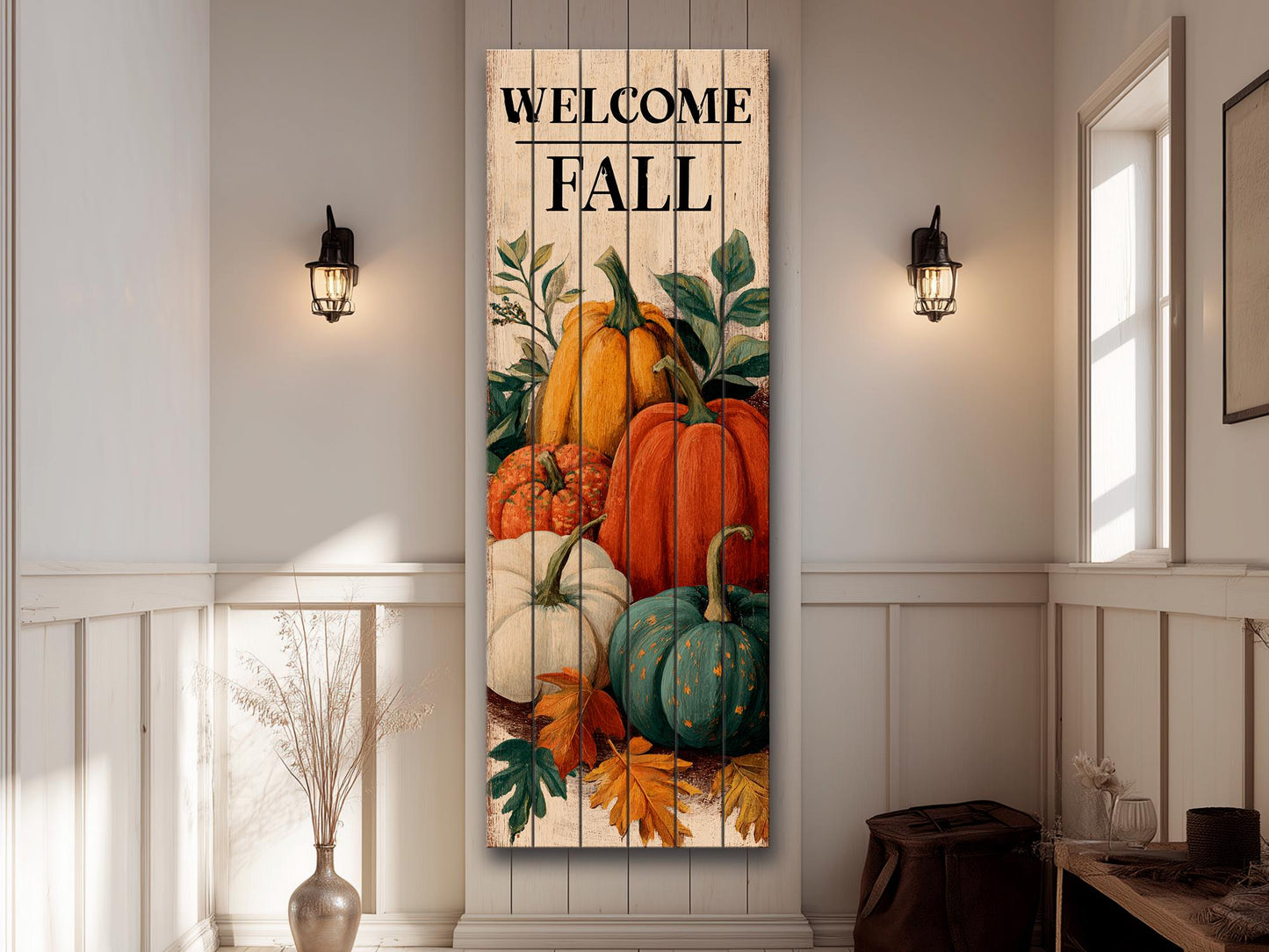 Rustic Wood Wall Art – Welcome Fall Sign with Hand Painted Pumpkins & Cozy Autumn Decor