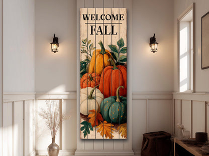 Rustic Wood Wall Art – Welcome Fall Sign with Hand Painted Pumpkins & Cozy Autumn Decor