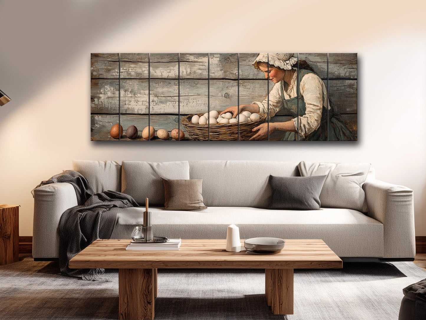 Rustic Wood Wall Art – Woman Collecting Eggs Print on Natural Wood Plank