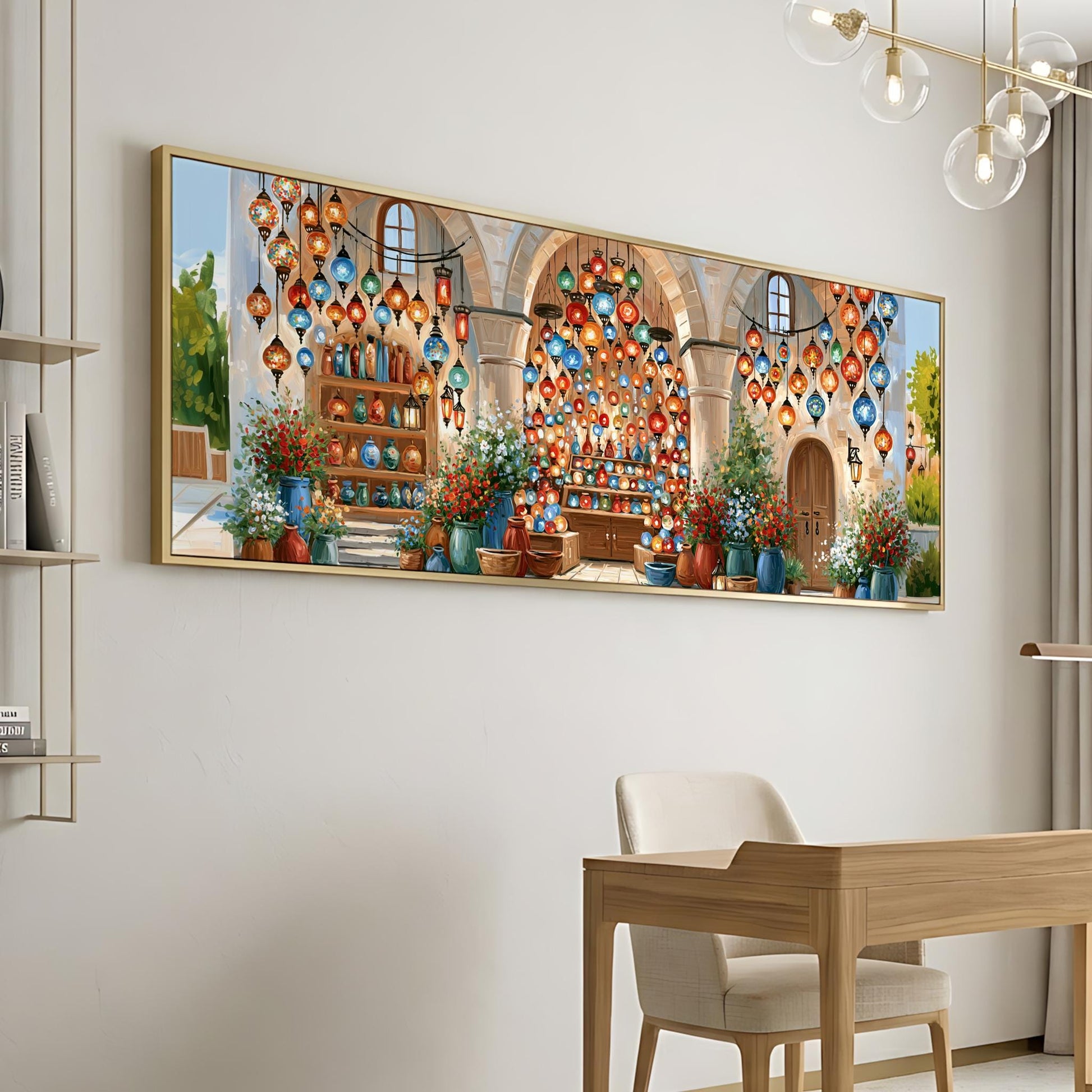 a large, colorful painting of an ornate, multi-tiered building with hanging lanterns and flowers, displayed on a wall in a room with a wooden desk and chair.