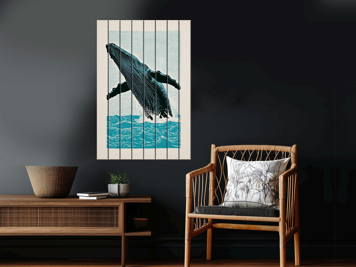 Whale Wood Wall Art – Humpback Linocut Print | Coastal Wood Decor, Ready to Hang
