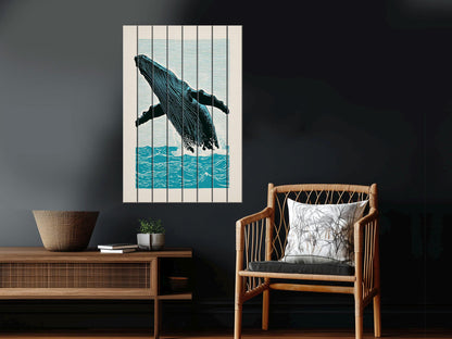 Whale Wood Wall Art – Humpback Linocut Print | Coastal Wood Decor, Ready to Hang