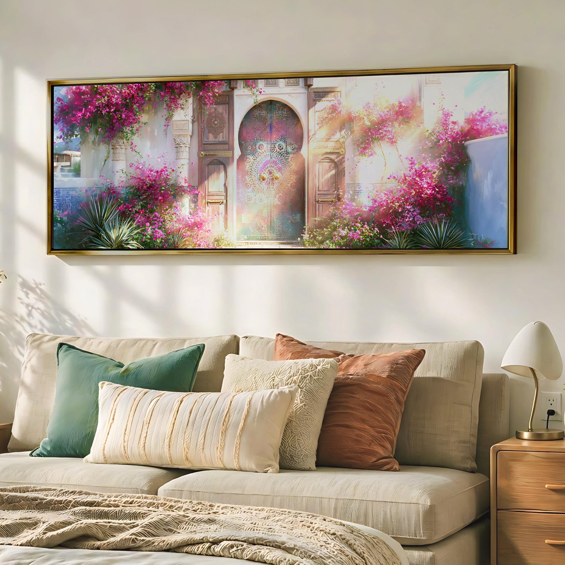 a large, framed painting of a colorful, floral-adorned doorway hanging on a wall above a beige sofa with decorative pillows.