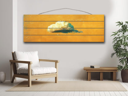 Natural Wood Wall Art - Canary Yellow Retro Print on Rustic Wood Planks