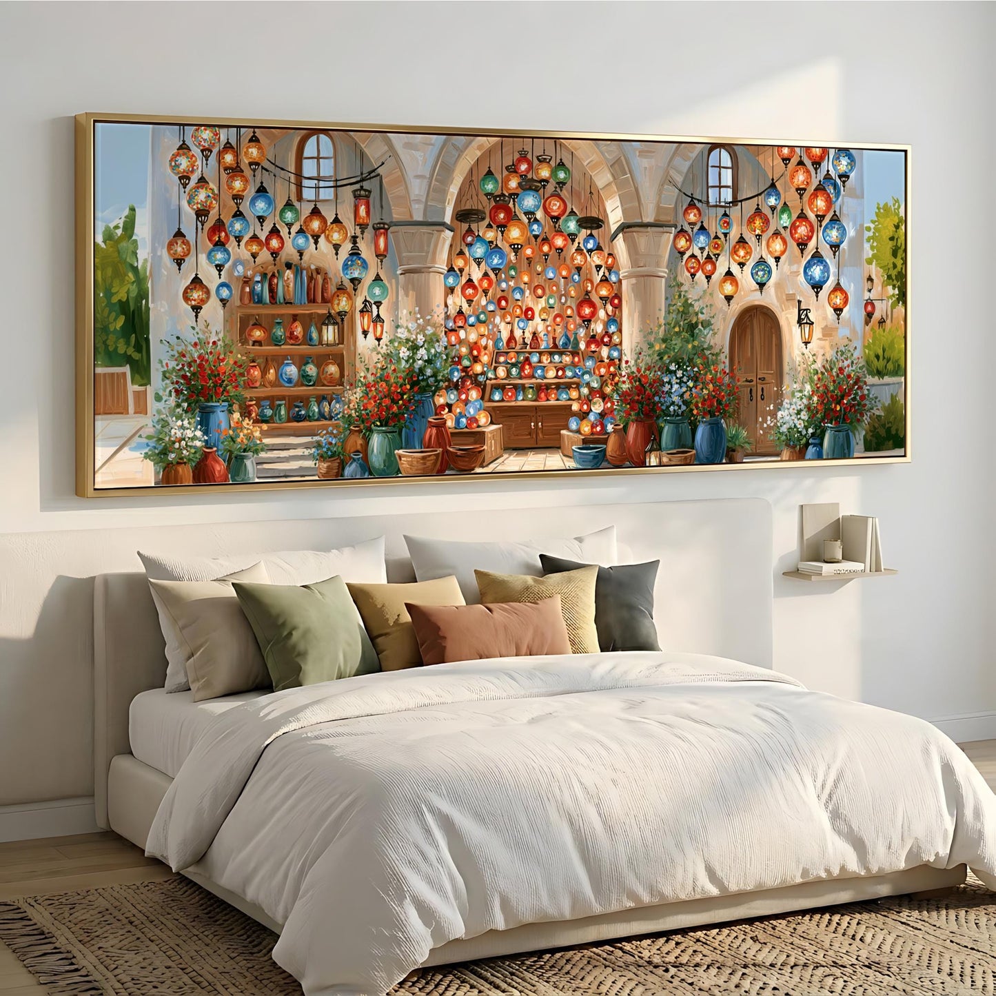 a large, colorful painting of a room with a bed, potted plants, and hanging lanterns.