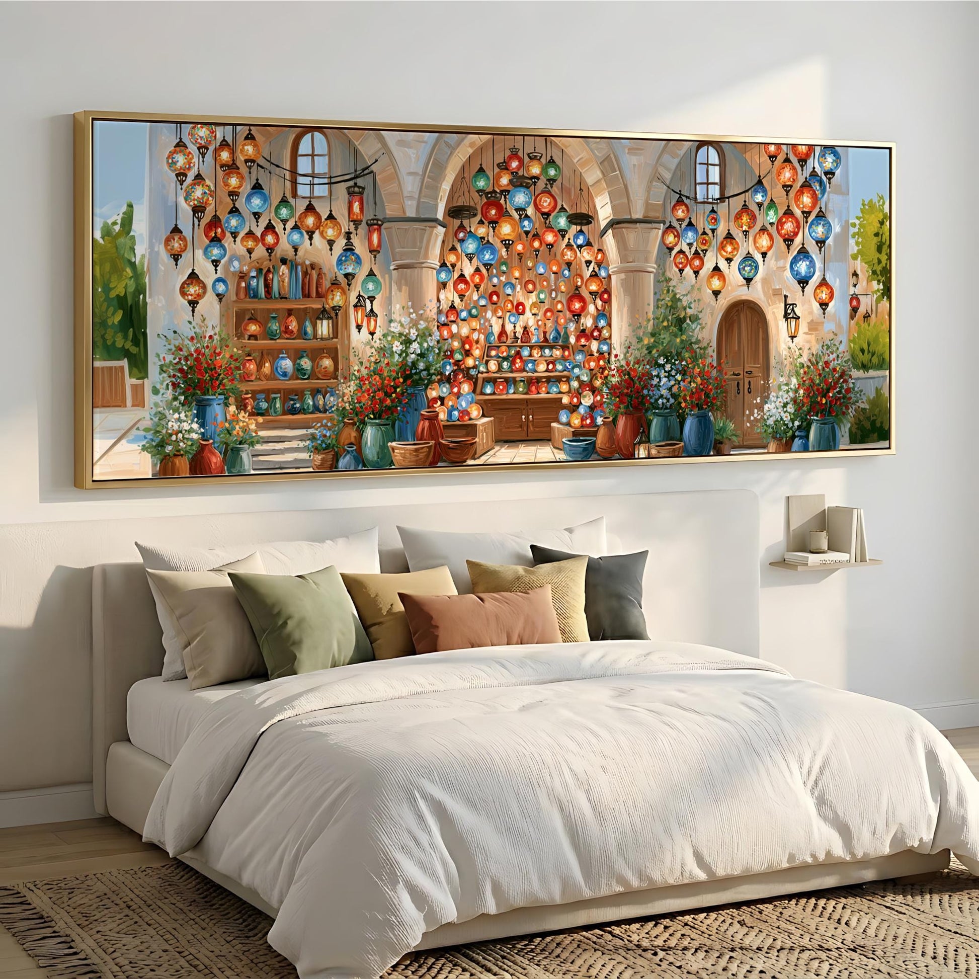 a large, colorful painting of a room with a bed, potted plants, and hanging lanterns.