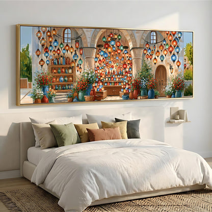 a large, colorful painting of a room with a bed, potted plants, and hanging lanterns.