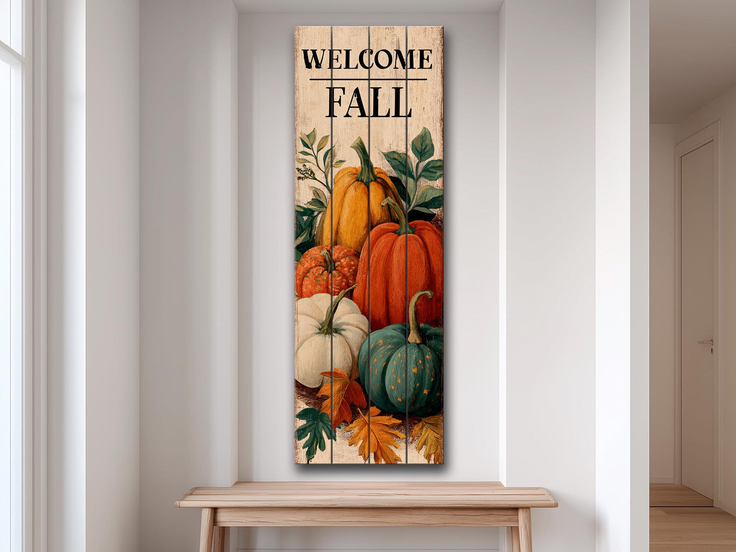 Rustic Wood Wall Art – Welcome Fall Sign with Hand Painted Pumpkins & Cozy Autumn Decor
