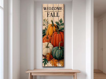 Rustic Wood Wall Art – Welcome Fall Sign with Hand Painted Pumpkins & Cozy Autumn Decor
