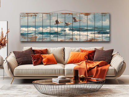 Pelicans Print Wood - Coastal Wall Art With Ocean Waves Painting & Sky Reflection