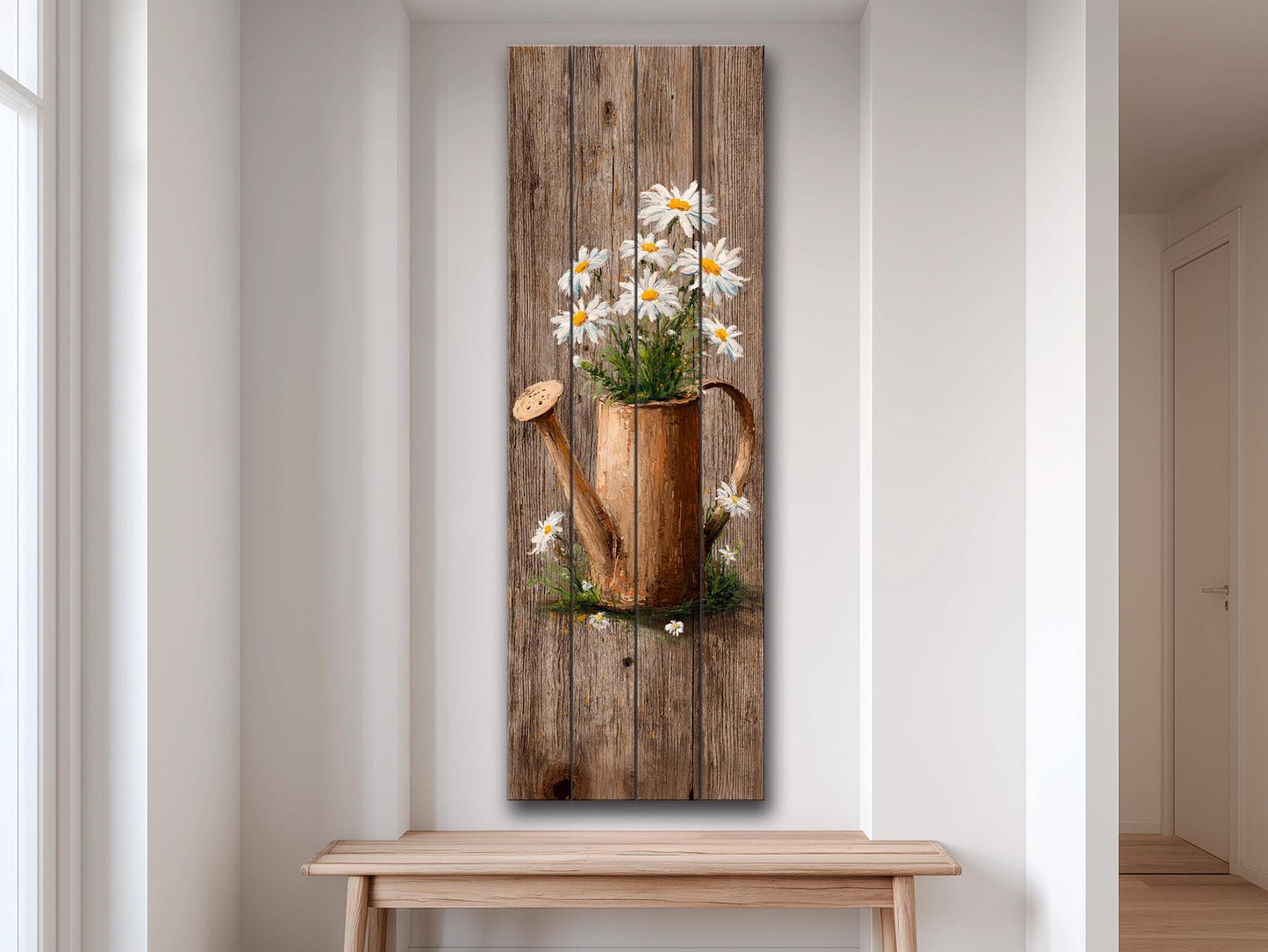 Rustic Wood Wall Art – Farmhouse Wall Decor | Watering Can & Daisy Floral Print