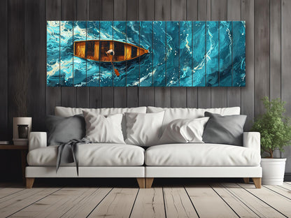 Wood Wall Art – Overhead Rowboat Print on Natural Wood Planks | Colorful Rustic Decor
